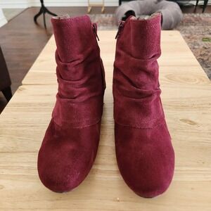 PureSole Serina Suede Buckle Hidden Wedge Ankle Boot Burgundy Red 11